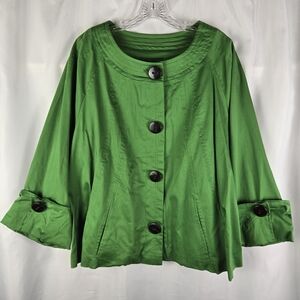 Mark Zunino Green Button Front Collarless Boat Neck Cuffed Jacket Plus Size 3X
